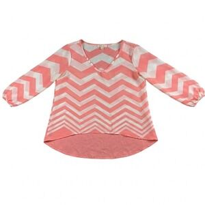 Wishful Park Womens Medium Coral Pink White Chevron V-Neck High Low Blouse Top